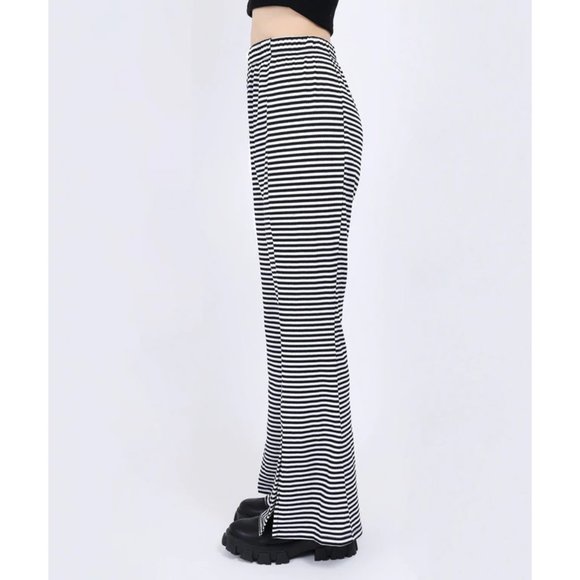 W♥C / Wego Japan split-hem high-waisted black & white striped flared pants - Picture 3 of 8